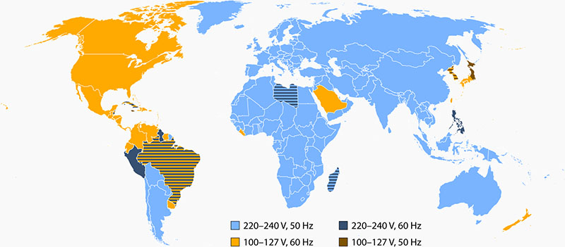 map of voltage differences around the world